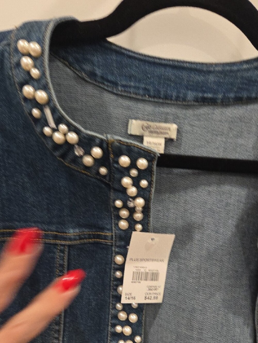 Cato Dark Blue Denim Jacket with Pearl & Gem Trim - Picture 4 of 5